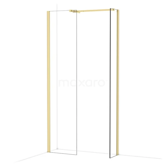 Douchewand met goudkleurig frame, helder glas en hoekinstap, ideaal voor een moderne luxe badkamerinrichting.