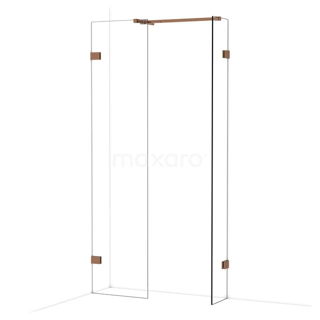 Glazen douchedeur met bronskleurige scharnieren, frameloos design en hoekmontage, perfect voor een moderne badkamerstijl.