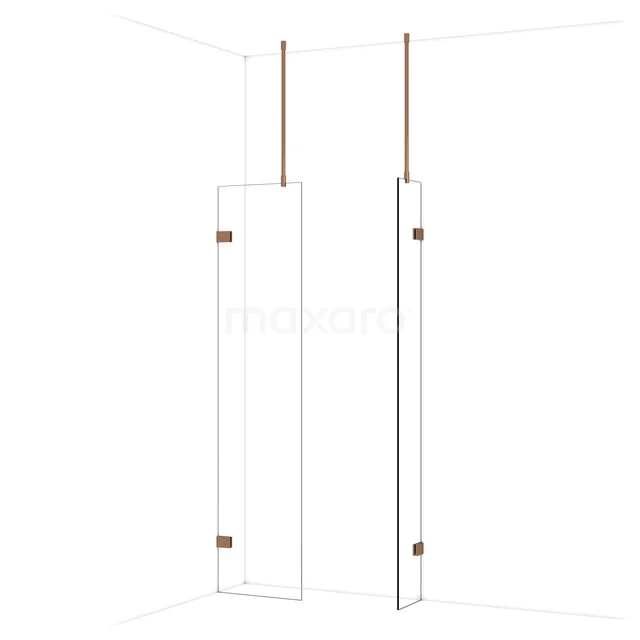 Glas Duschwand mit kupferfarbenen Akzenten, minimalistisches Design, ideal für eine moderne Badezimmergestaltung.