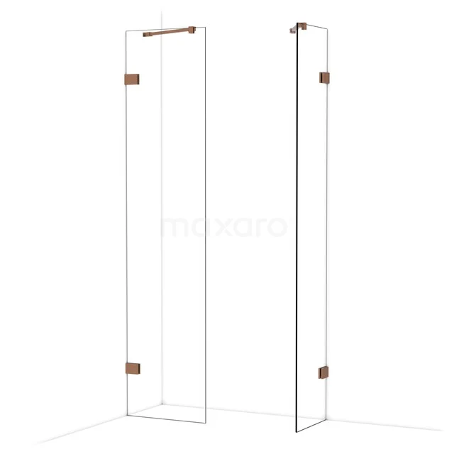 Heldere glazen douchewand met rosegoud accenten en wandmontage, ideaal voor een moderne badkamerinrichting.