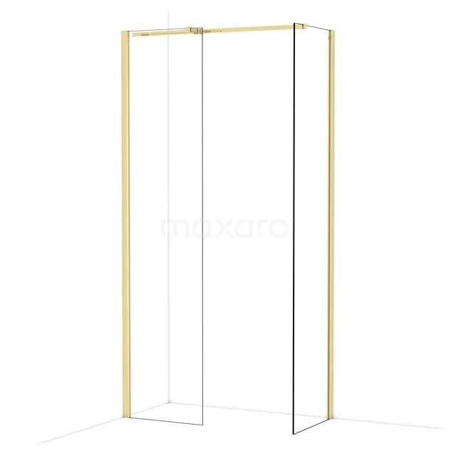 Douchewand met goudkleurig frame, helder glas en strak design, ideaal voor een moderne badkamerinrichting.