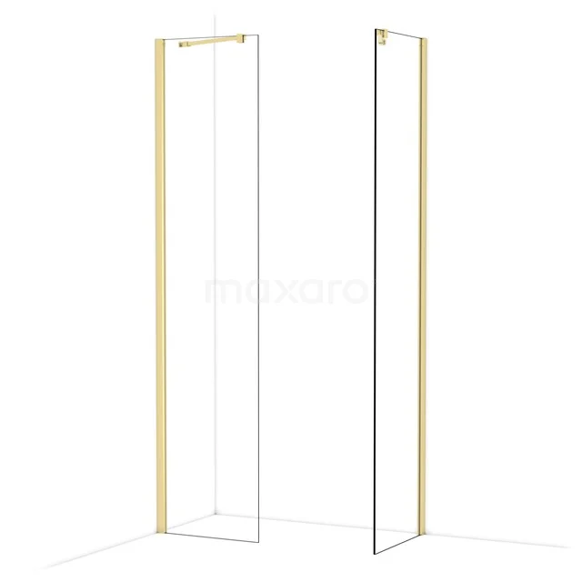 Douchewand met goudkleurig frame, minimalistisch design in glas, perfect voor een stijlvolle en luxe badkamerinrichting.
