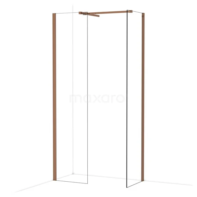 Glasene Duschtür mit Eckprofil, kupferfarbene Details, minimalistisches Design, perfekt für ein modernes Badezimmer.