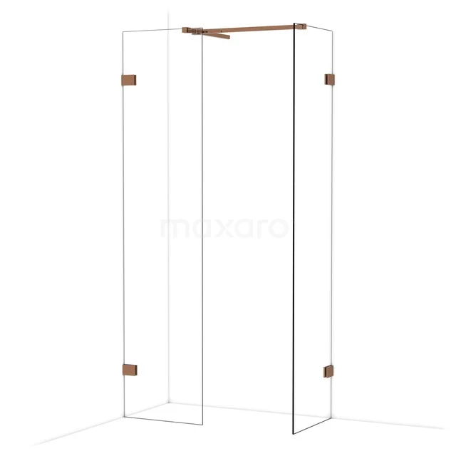 Douchewand met hoekopstelling, helder glas, koperkleurige scharnieren, ideaal voor een stijlvolle en moderne badkamerinrichting.