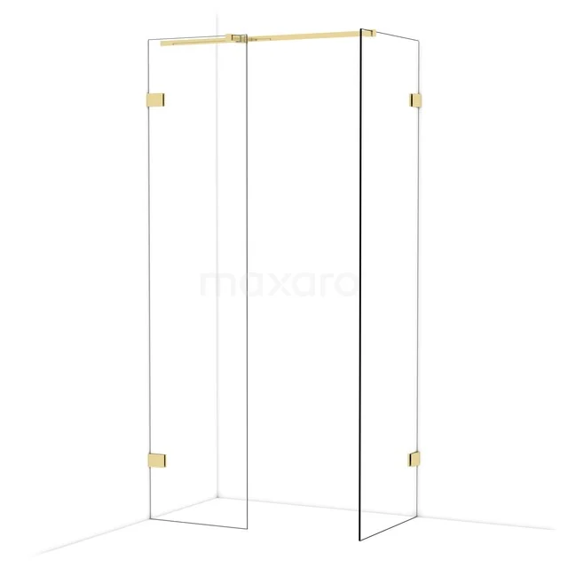 Gold Duschwand mit Glasplatten, Eckaufstellung, luxuriöses modernes Design für stilvolle Badezimmergestaltung.