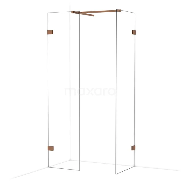 Glazen douchewand met koperkleurige scharnieren, moderne designstijl, perfect voor een luxe badkamer.