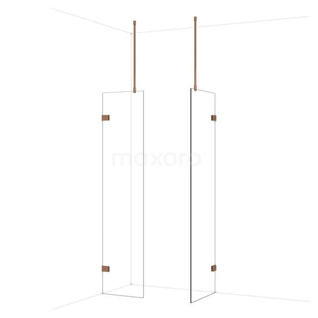 Glazen douchewand met koperkleurige details, slank ontwerp, perfect voor een moderne badkamer inrichting.