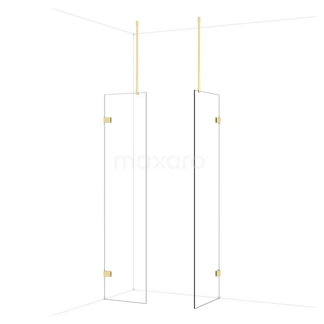 Glass shower wall with gold details, minimalist design, ideal for a modern bathroom.