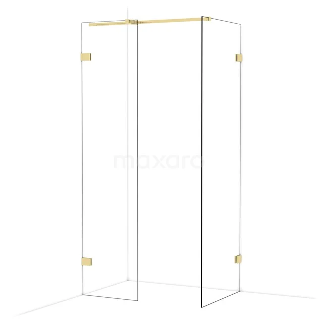 Gouden douchewand met transparant glas en messing accenten, modern design voor luxe badkamer.