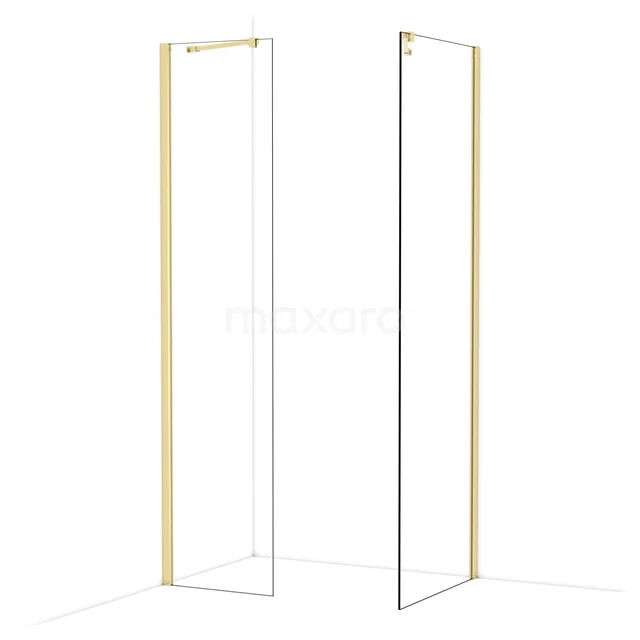 Minimalistische douchewand van glas met goudkleurig frame, ideaal voor een moderne badkamer.