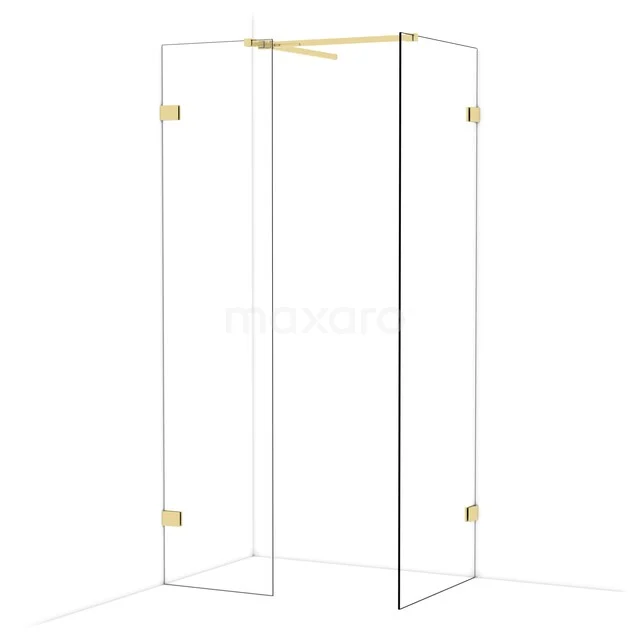 Glass shower cabin with golden accents, corner design and minimalist appearance for a modern bathroom.