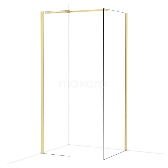Golden shower wall with corner setup, minimalist design with metal frame, ideal for a modern bathroom decor.
