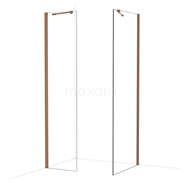 Diamond Walk-in shower | 80x50 cm Shiny copper Clear glass 2 fixed walls IDB0508410GKP Glazen douchewand met houten profielen, minimalistisch design, ideaal voor een stijlvolle, moderne badkamer.