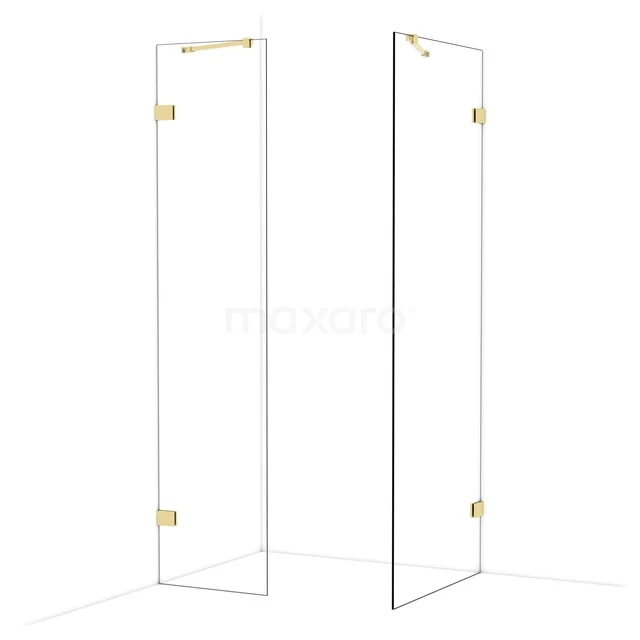 Glasene Duschwand mit goldfarbenen Akzenten, minimalistisches Design, ideal für einen modernen Badezimmerstil.