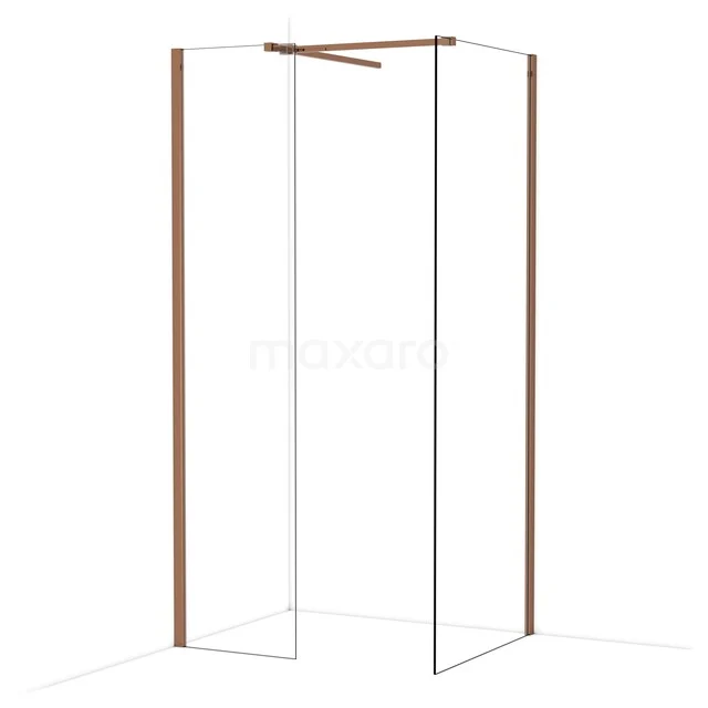 Douchewand met koperkleurige profielen, hoekig design en transparant glas, perfect voor een moderne badkamer.