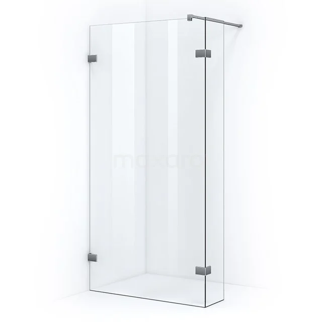 Glass shower screen with clear glass, minimalist design and metal brackets, perfect for a modern bathroom layout.