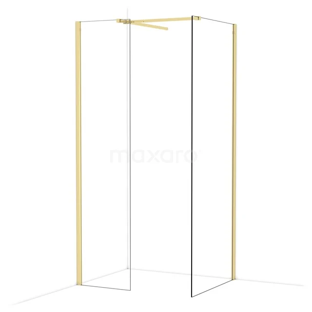 Glasene Duschwand mit goldenen Akzenten und Eckmontage, stilvolles und minimalistisches Design für moderne Bäder.