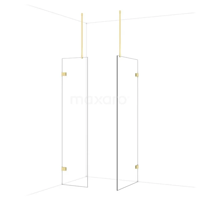 Glas Duschwand mit goldfarbenen Scharnieren, minimalistisches Design, perfekt für einen modernen Badezimmerstil.