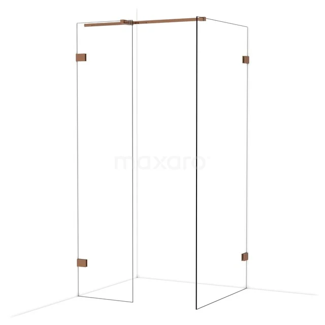 Douchewand van helder glas met mat zwarte profielen, hoekopstelling, ideaal voor moderne badkamers.