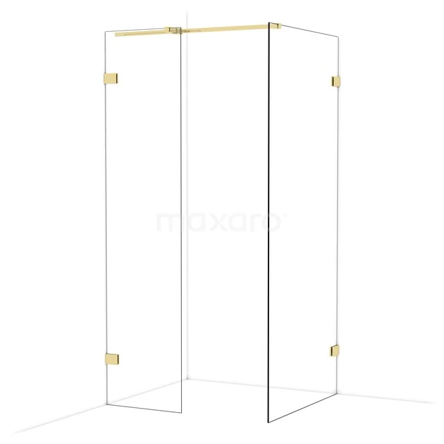 Glas Duschwand mit goldfarbenen Scharnieren, moderne Eckaufstellung, ideal für eine stilvolle Badezimmer Einrichtung.