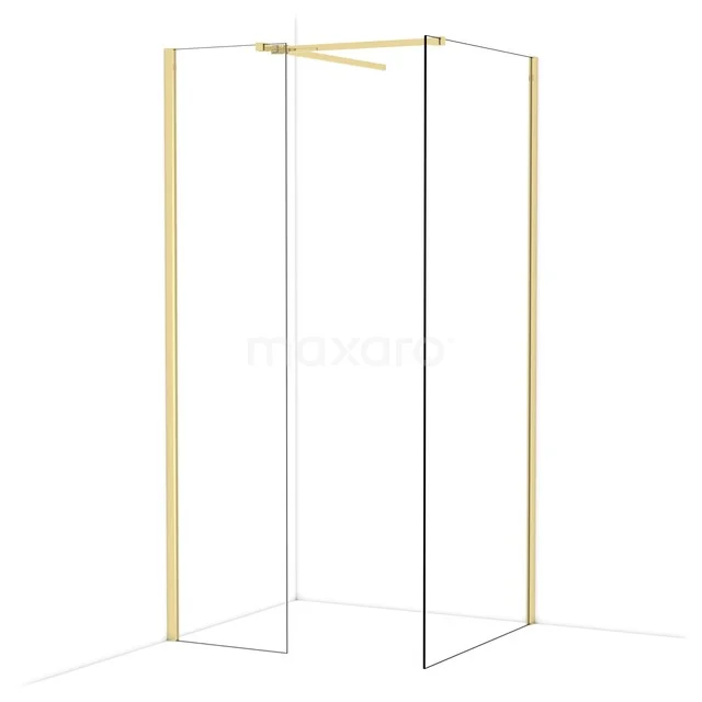 Duschwand mit goldfarbenen Profilen, schlankem Design und Glas, ideal für ein modernes Badezimmer.