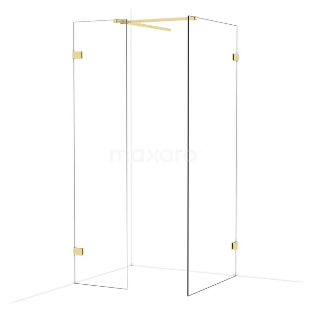 Goldfarbene Duschkabine mit transparentem Glas und eckiger Form, ideal als luxuriöse Ergänzung zum modernen Badezimmer.