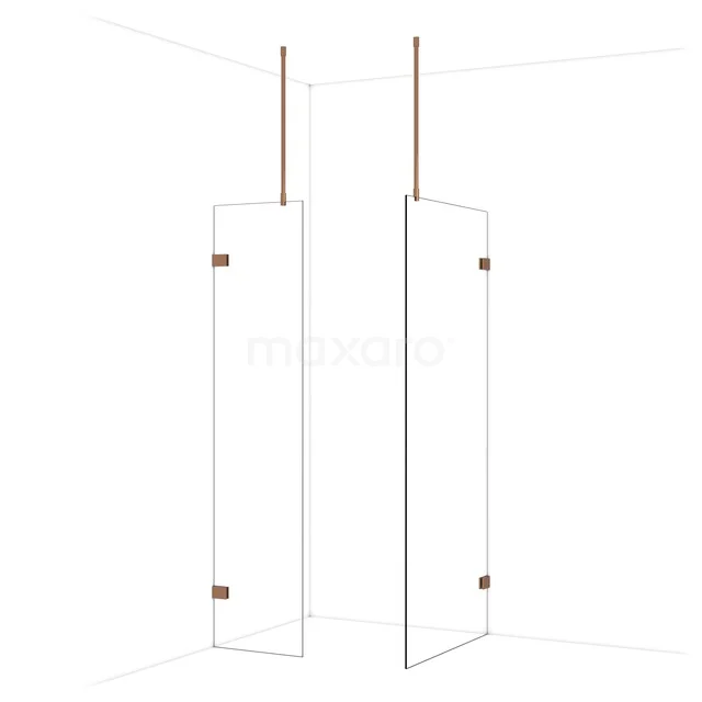 Glazen douchewand met koperkleurige details, minimalistisch ontwerp, ideaal voor moderne badkamers.