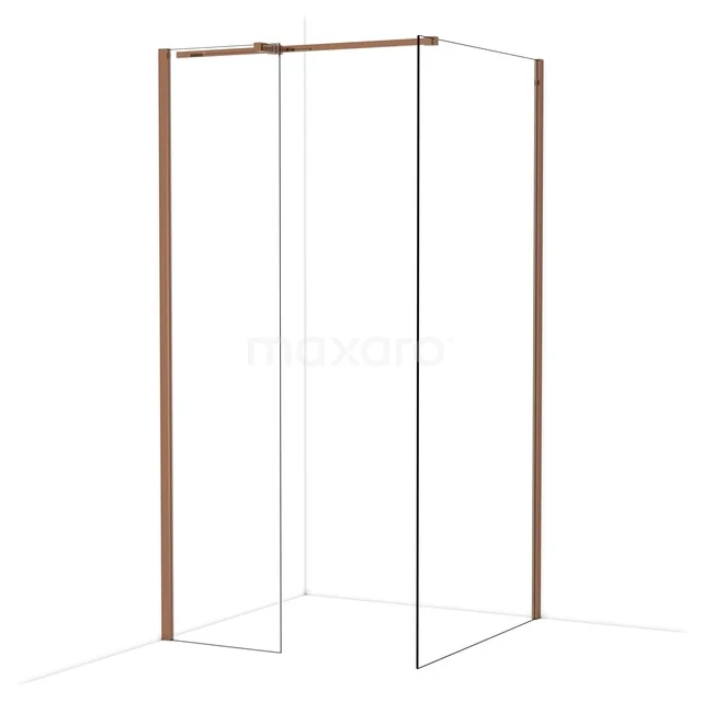 Hoekdouchewand met strak design, koperkleurige profielen en helder glas, perfect voor een moderne badkamer.