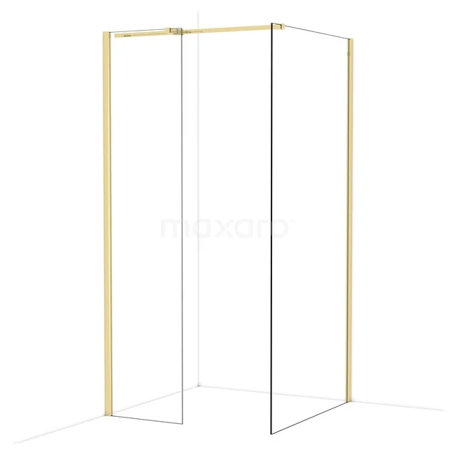 Duschwand mit goldfarbenem Rahmen, tragendem stilvollem Design, Glas und Aluminium, perfekt als Eyecatcher in einem modernen Badezimmer.