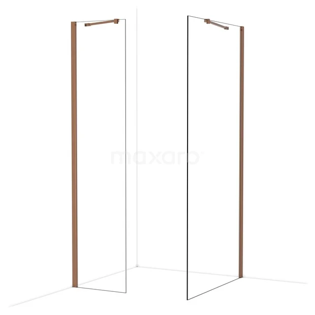 Begehbare Dusche mit klaren Glaswänden, roségoldenen Profilen und stabilen Stangen, ideal für ein modernes Badezimmer.