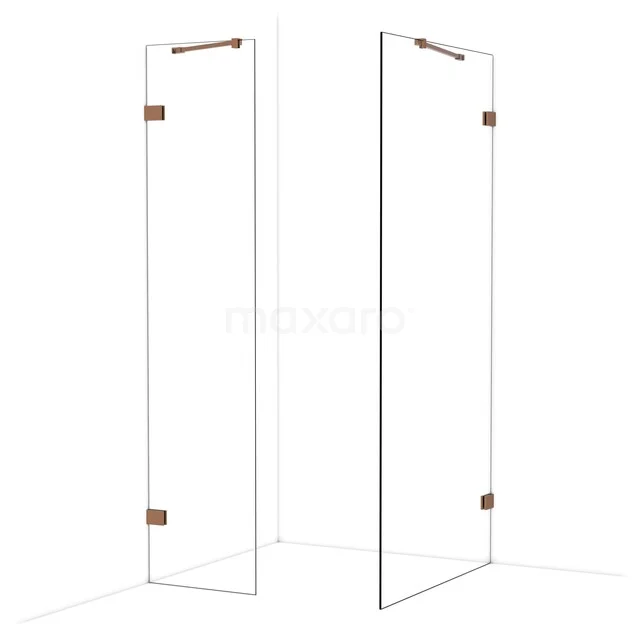 Glazen douchewand met minimalistisch ontwerp, transparant glas en goudkleurige scharnieren; ideaal voor moderne badkamers.