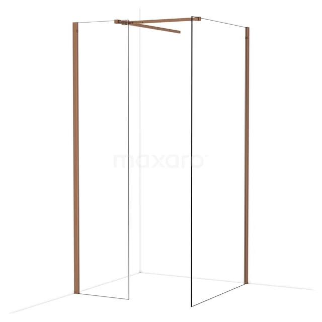 Douchewand met hoekopstelling, transparant glas en bronzen profielen, ideaal voor een moderne badkamer.