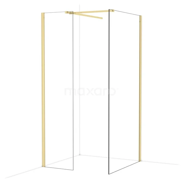 Goudkleurige vierkante douchewand met minimalistisch design, gemaakt van glas en aluminium, ideaal voor een moderne badkamer.