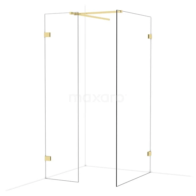 Glass shower cabin with gold-coloured hinges, corner model, sleek design and perfect for a modern bathroom style.