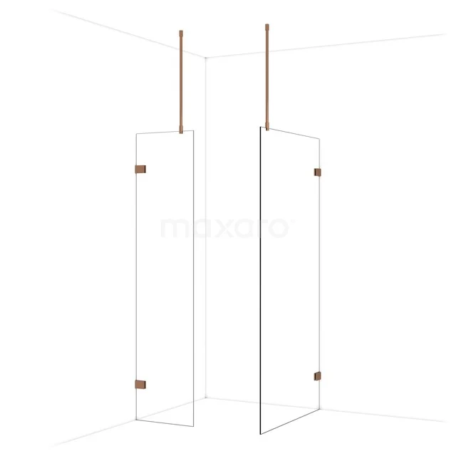 Glazen douchewand met koperkleurige details, minimalistisch design, ideaal voor een moderne badkamerinrichting.