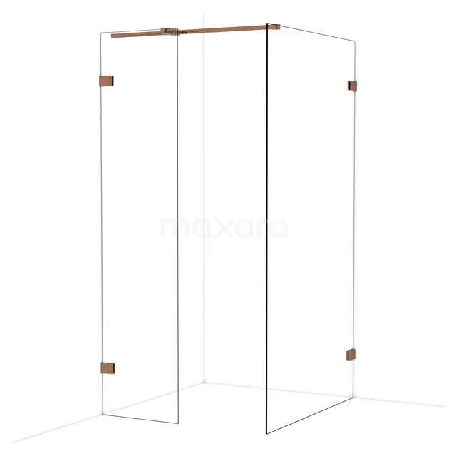 Glas Duschwand mit Eckaufstellung und Kupferakzenten, straffes Design, ideal für ein modernes Badezimmer.