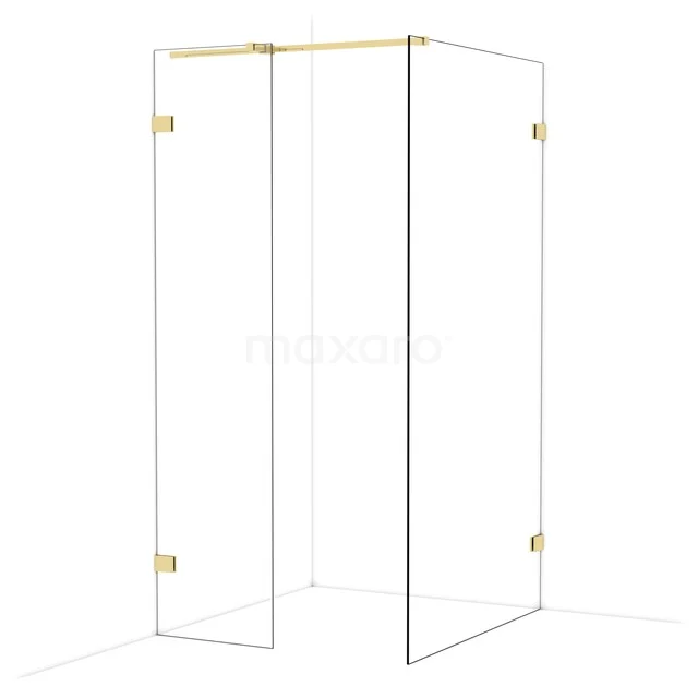 Glazen hoekdouche met goudkleurige scharnieren, minimalistisch design, ideaal voor een moderne badkamerinrichting.
