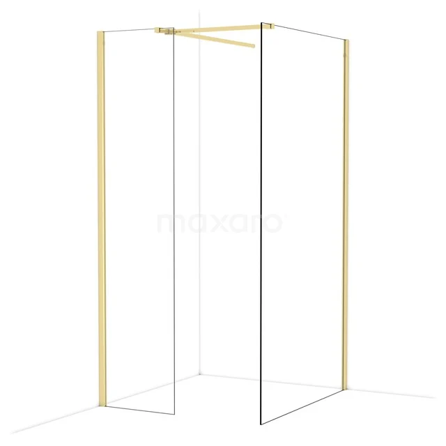 Gouden hoekdouche met minimalistisch frame, luxe afwerking en glazen panelen voor een stijlvolle badkamer inrichting.