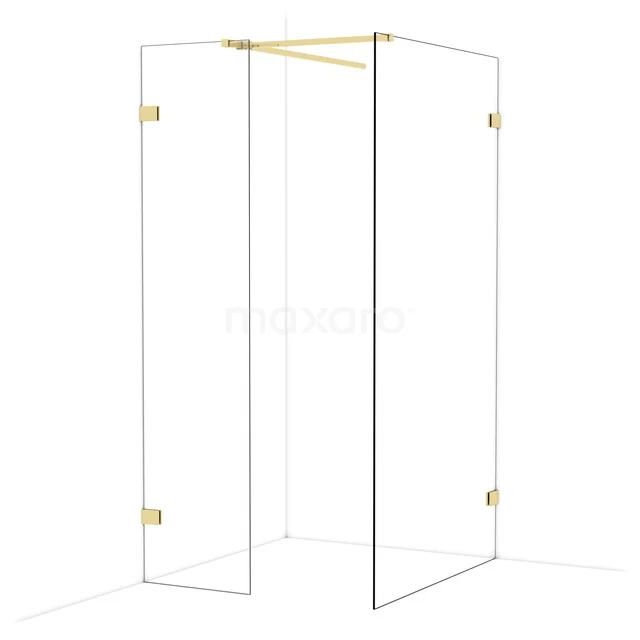 Luxe glazen douchehoek met goudkleurige scharnieren, strak design voor een moderne badkamer.