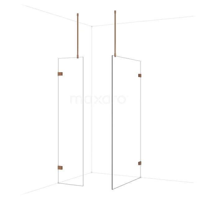 Transparante douchewand met minimalistisch design, koperen accenten en hoogwaardig glas voor een moderne badkamerstijl.