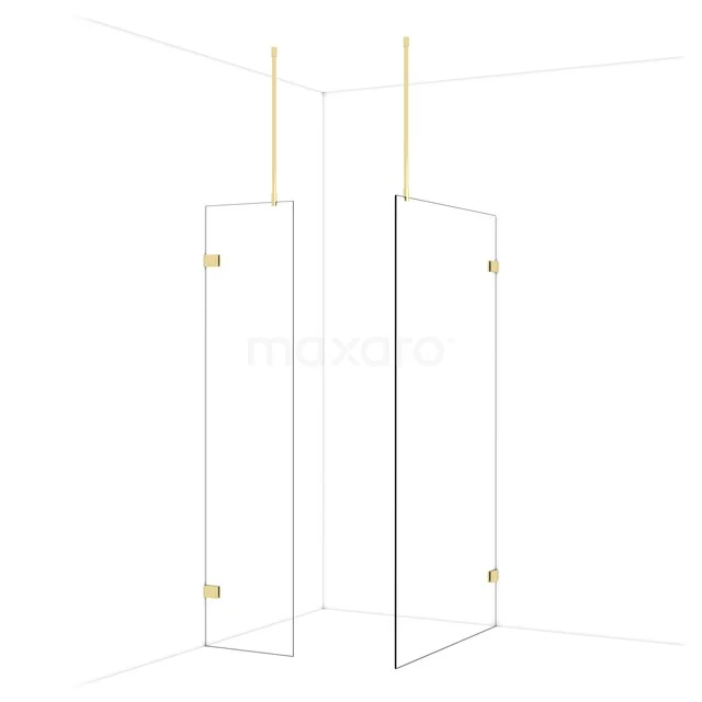 Glass shower wall with gold-coloured hinges, minimalist design, ideal for a stylish and modern bathroom decor.