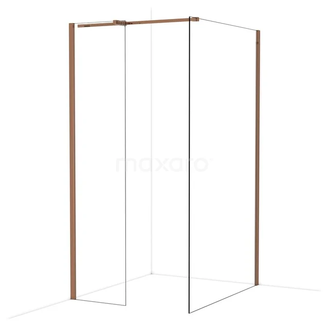 Duschwand Eckeinrichtung mit kupferfarbenen Profilen, klare Glasplatten; modernes Design für ein stilvolles Badezimmer.