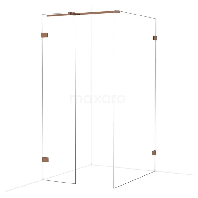 Inloopdouche met glazen wanden en messing scharnieren, modern design; stijlvolle toevoeging aan elke badkamer.