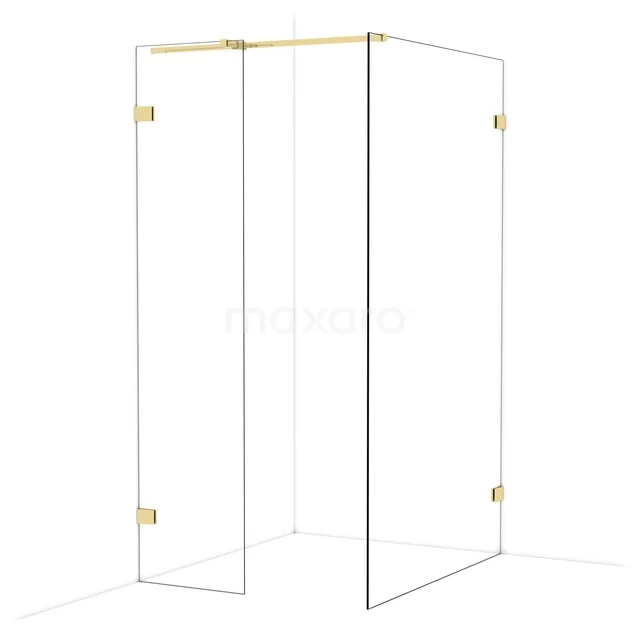 Douchewand met gouden accenten, hoekmodel met helder glas en strak design, perfect voor een stijlvolle badkamer.