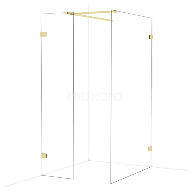 Glazen douchecabine met hoekinstap, goudkleurige scharnieren, minimalistisch ontwerp, ideaal voor luxe badkamerruimtes.