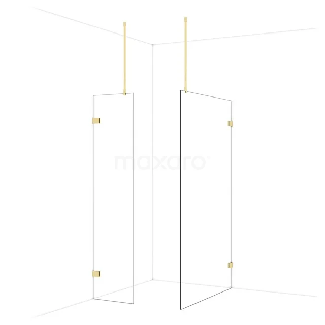 Glas Duschwand mit Goldakzenten, elegantes Eckdesign, ideal für eine moderne Badezimmer Einrichtung.