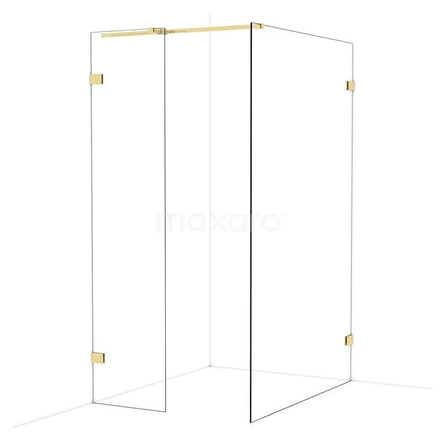 Douchewand hoekopstelling in transparant glas met goudkleurige beslag, luxe ontwerp voor moderne badkamers.