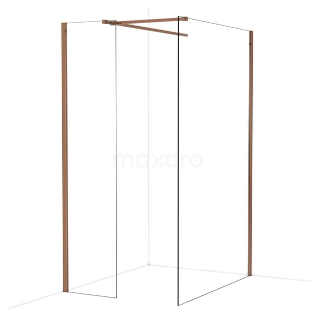 Duschwand mit kupferfarbenen Profilen, modernes Design, aus Klarglas für eine stilvolle und geräumige Badezimmerlösung.