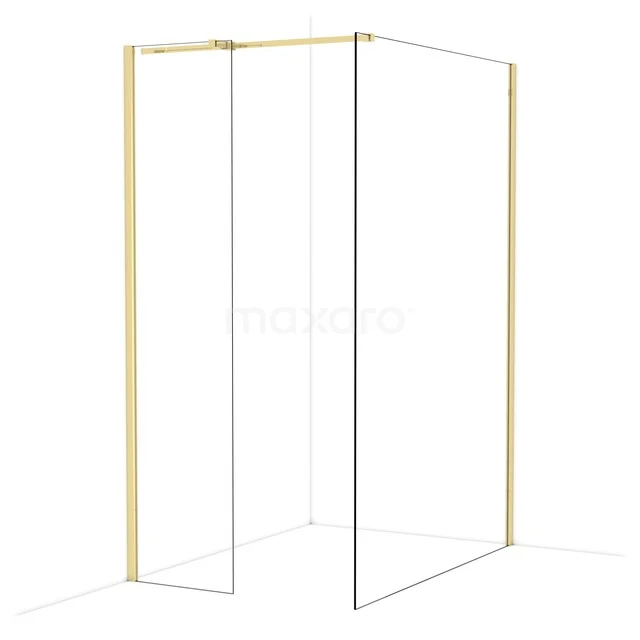 Goldene Eck-Duschwand mit Glas und schlankem Rahmen, ideal für ein modernes Badezimmer.