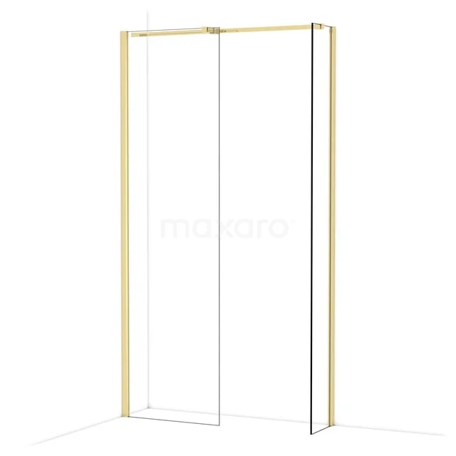 Gouden douchewand met schuifdeur, strak design van glas en metaal, perfect voor een moderne badkamer.